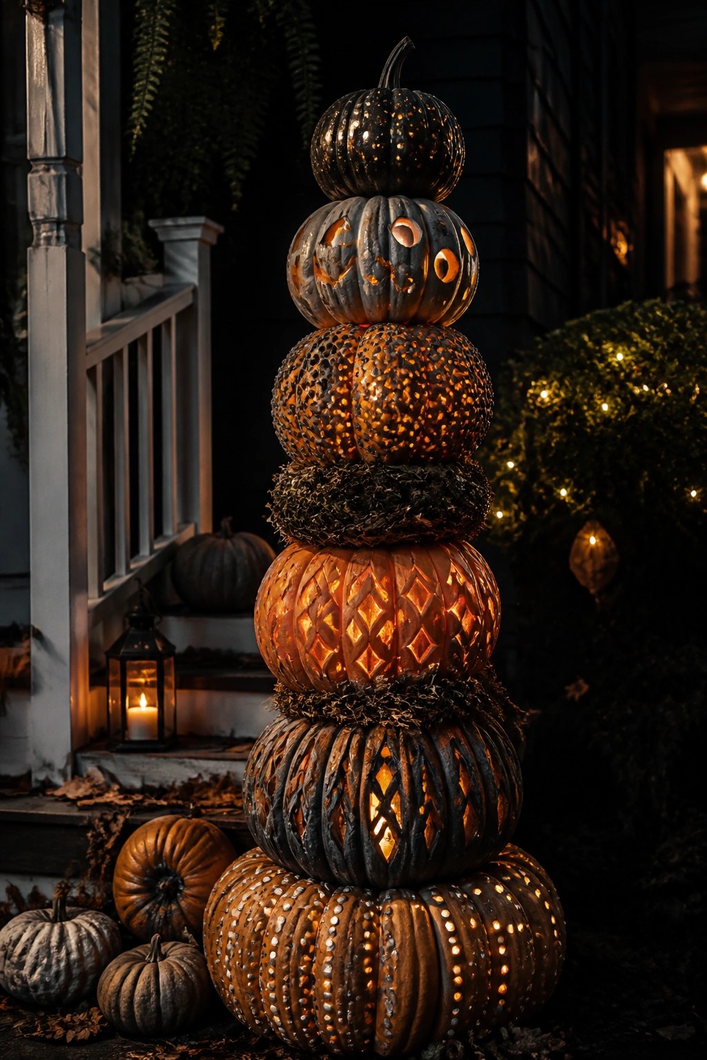 Front porch at night with a tall stack of carved and glowing jack o lanterns of different sizes and patterns.