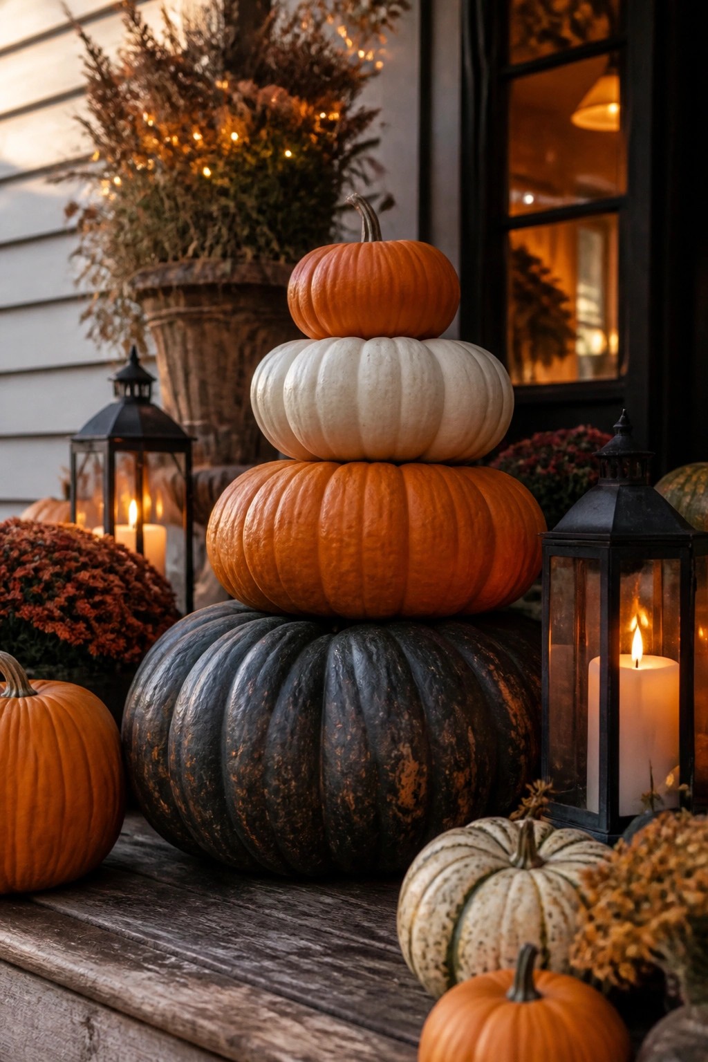 Stacked orange, white, and dark pumpkins with glowing lanterns on wooden porch