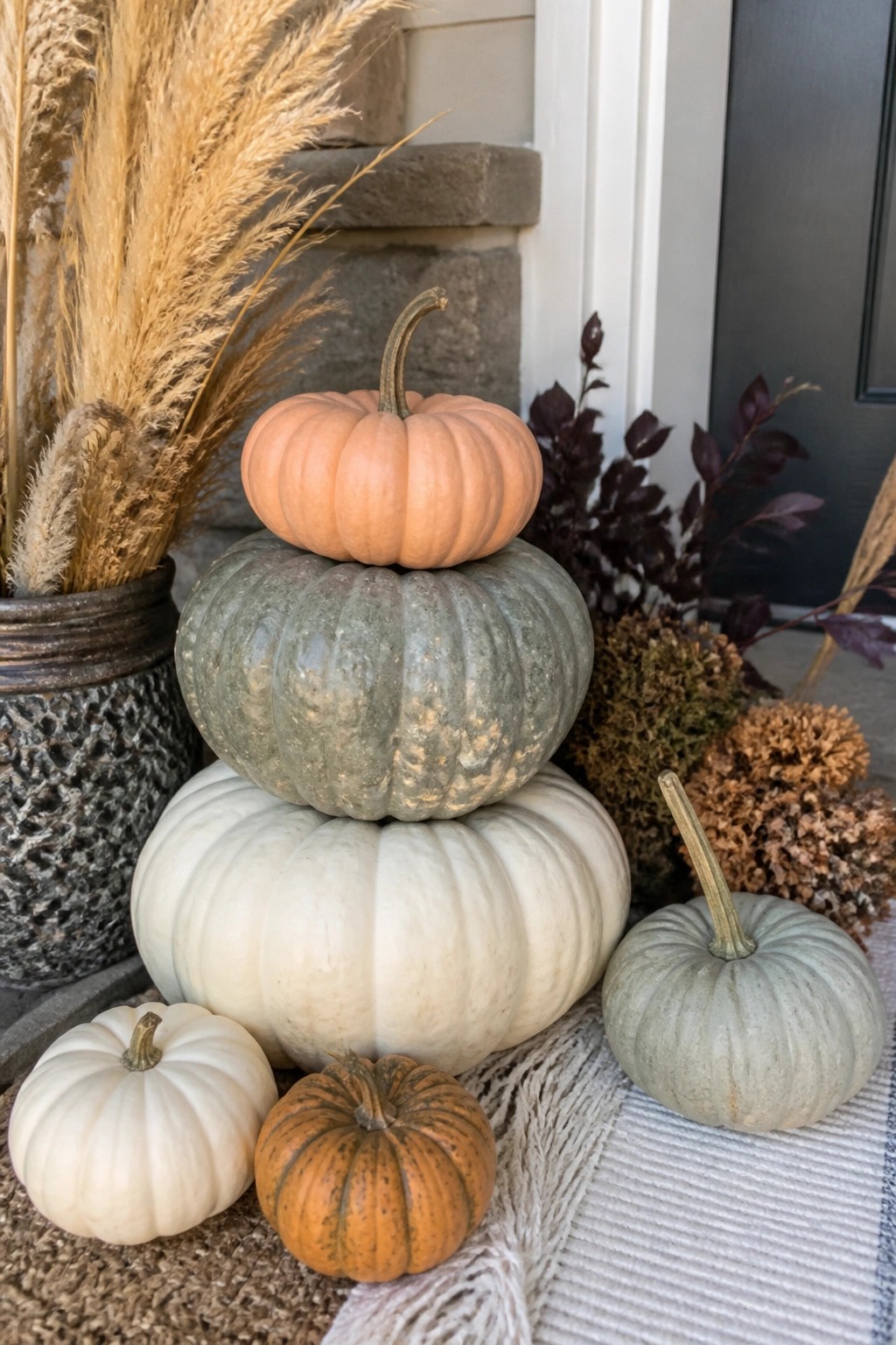 Three large pumpkins stacked in white, muted green, and soft orange sit beside a front door with smaller pumpkins and dried grasses around the base.