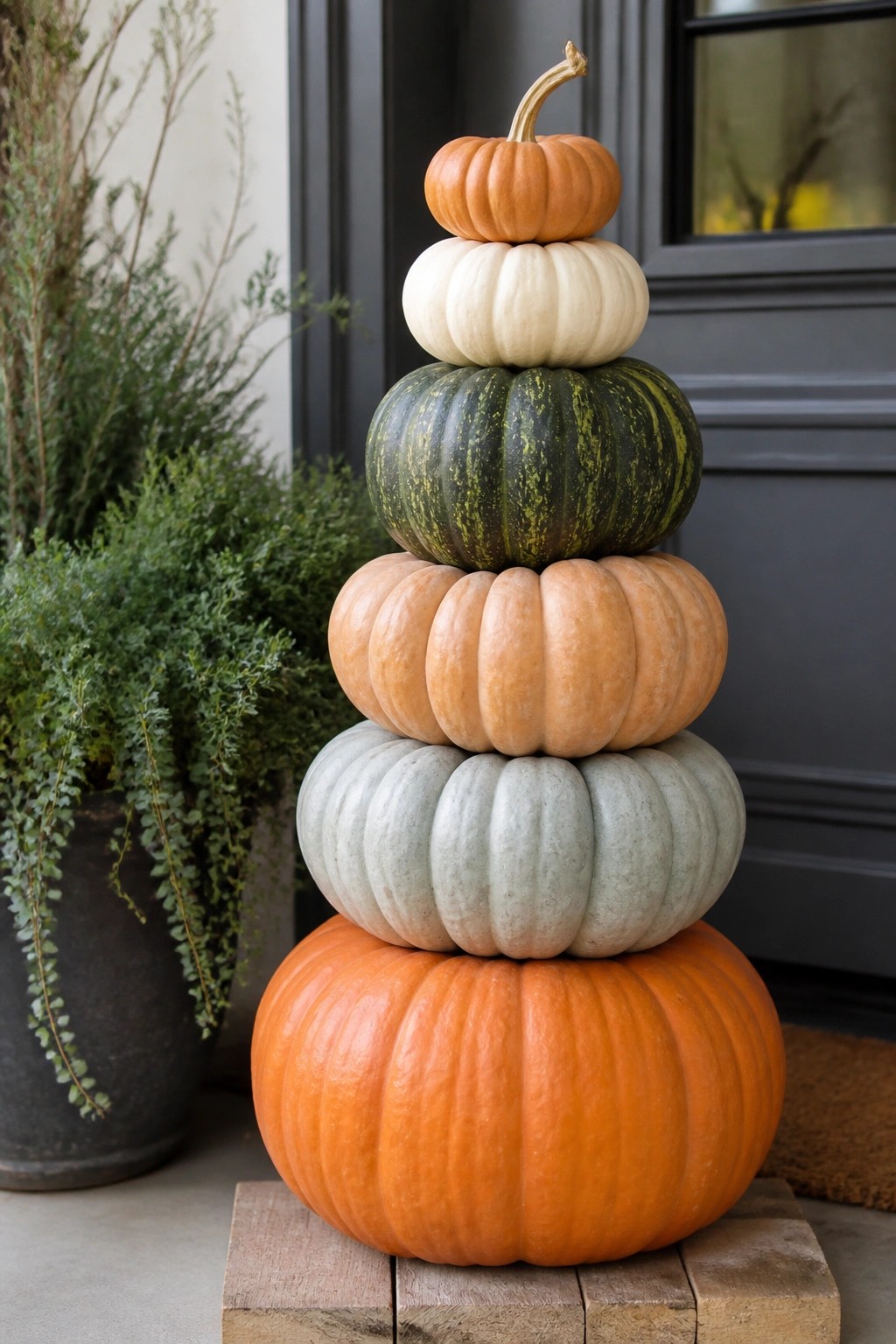 Stacked multicolored pumpkins on wooden blocks outside a gray door.