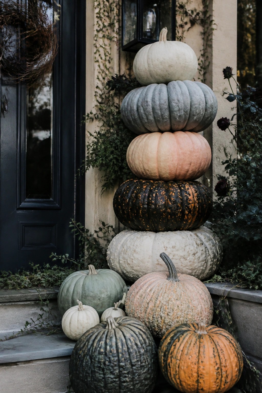 Tall stack of pumpkins in white, gray, peach, and black beside a black front door on stone steps.