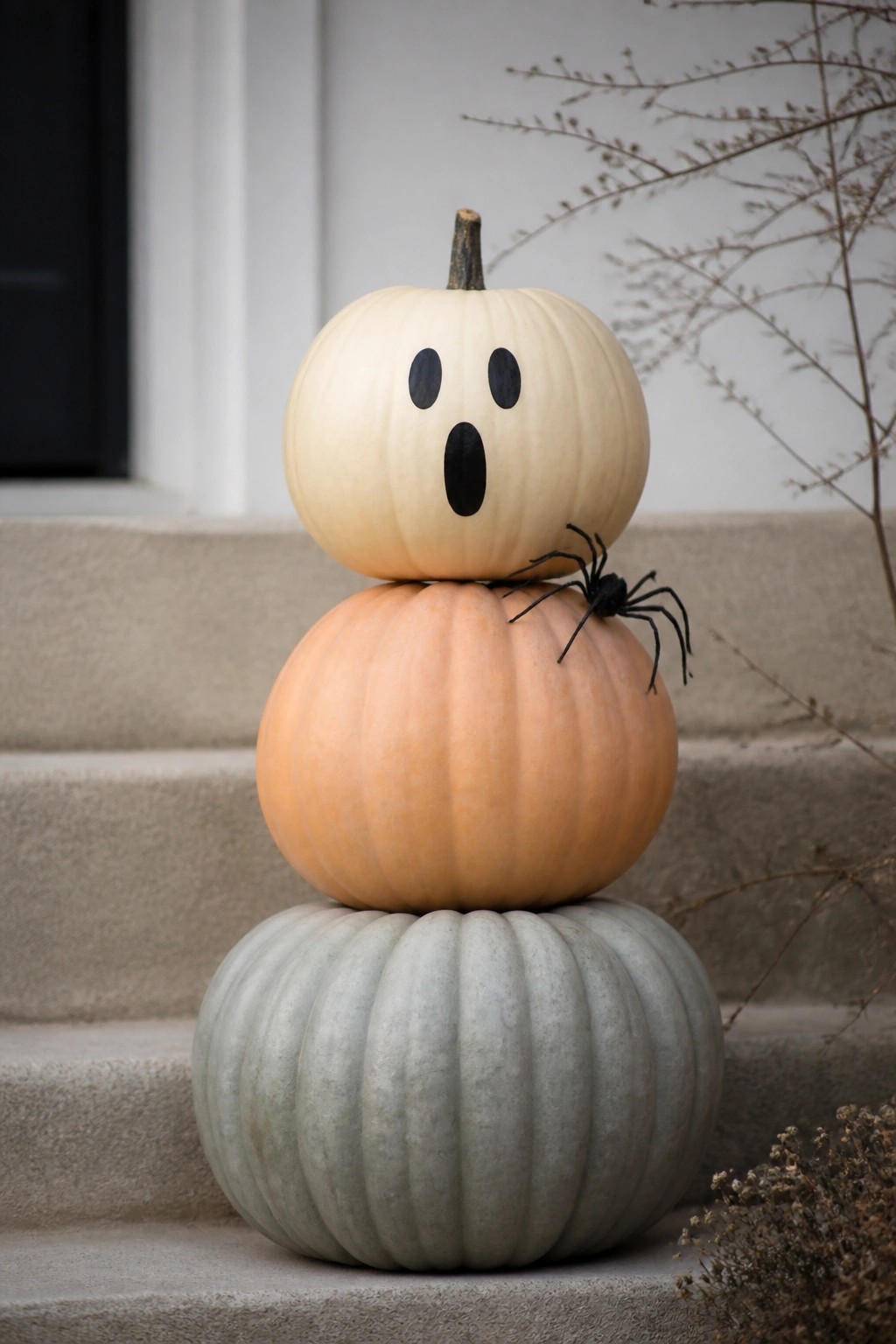 Three stacked pumpkins on concrete steps with a painted ghost face on the top one and a black spider on the middle pumpkin.