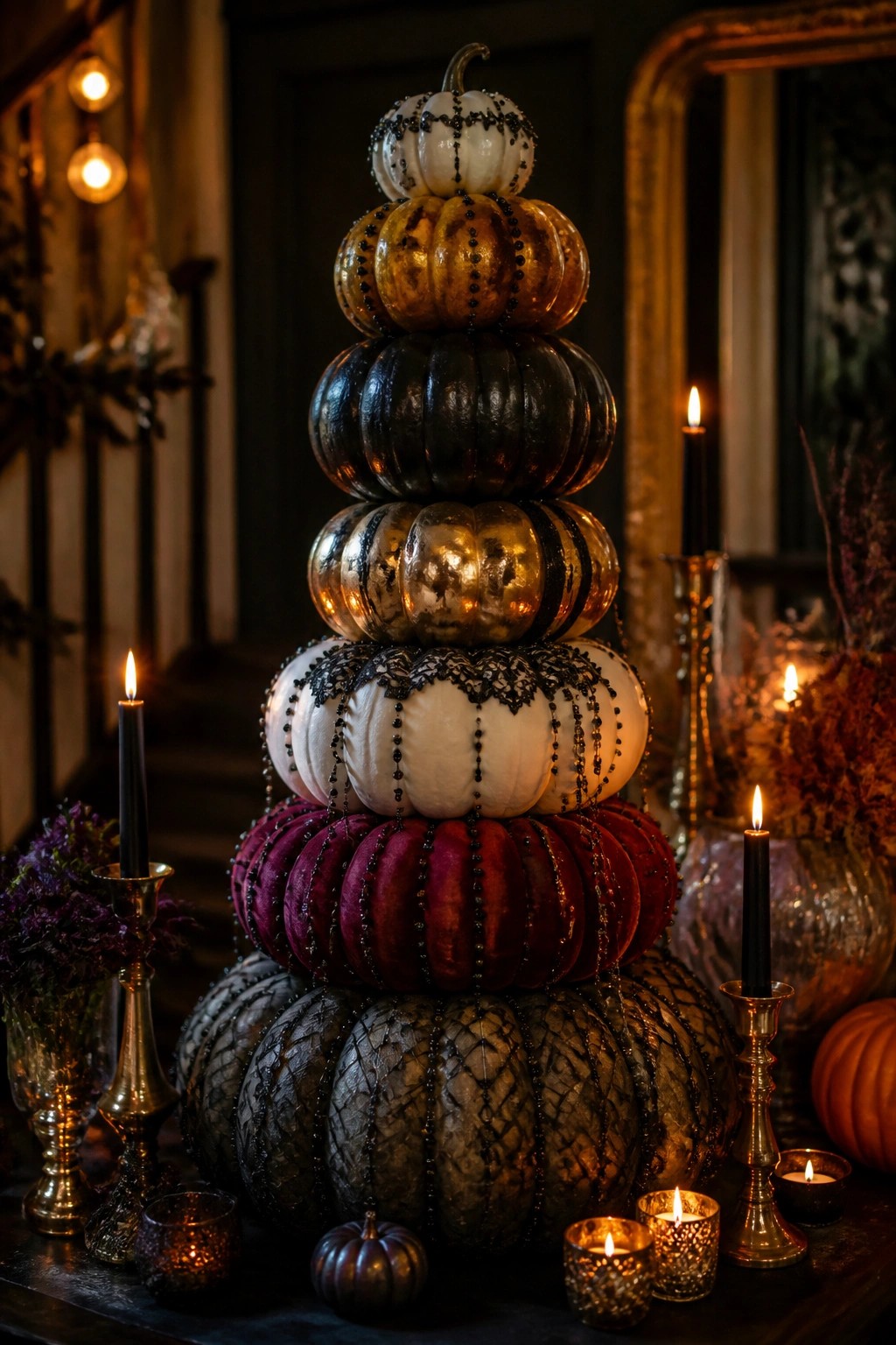 Tall stacked pumpkin tower with metallic, velvet, and painted finishes decorated with black beads and lace, placed in an entryway with candles around the base.