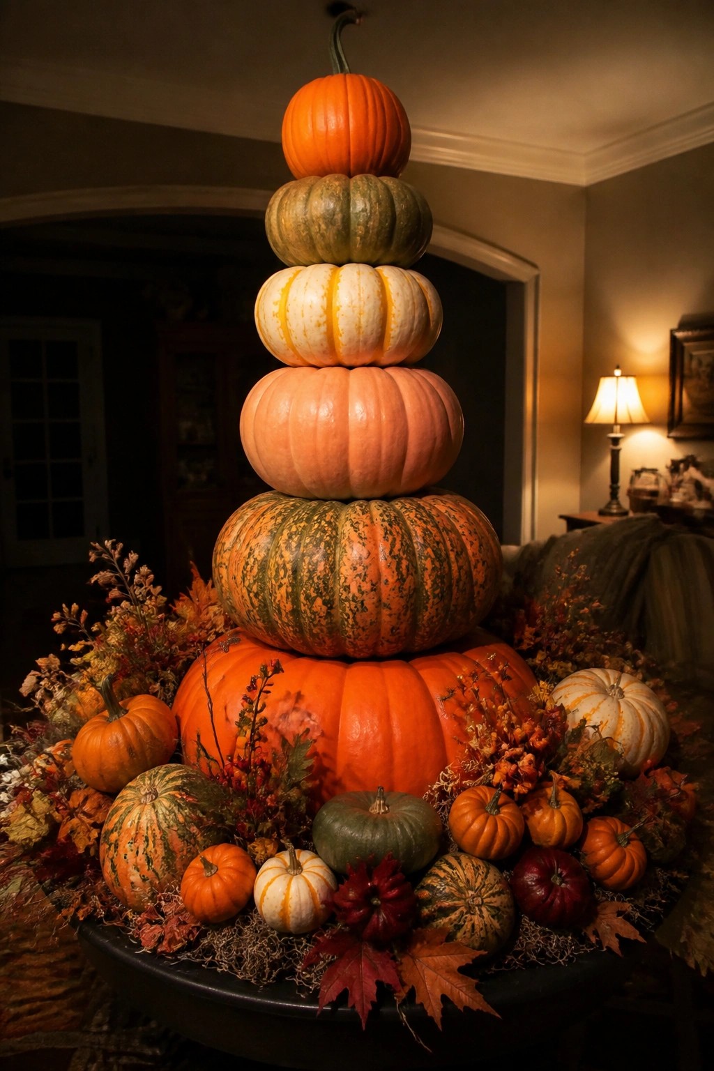 Tall stack of pumpkins in orange, green, and white tones arranged on a round table with smaller pumpkins and leaves around the base.