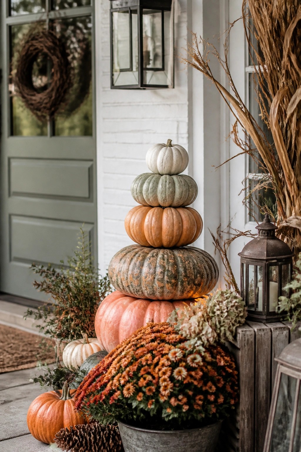 Front porch with a tall stack of pumpkins in white, orange, and mottled green tones, surrounded by orange mums, lanterns, and smaller pumpkins at the base.