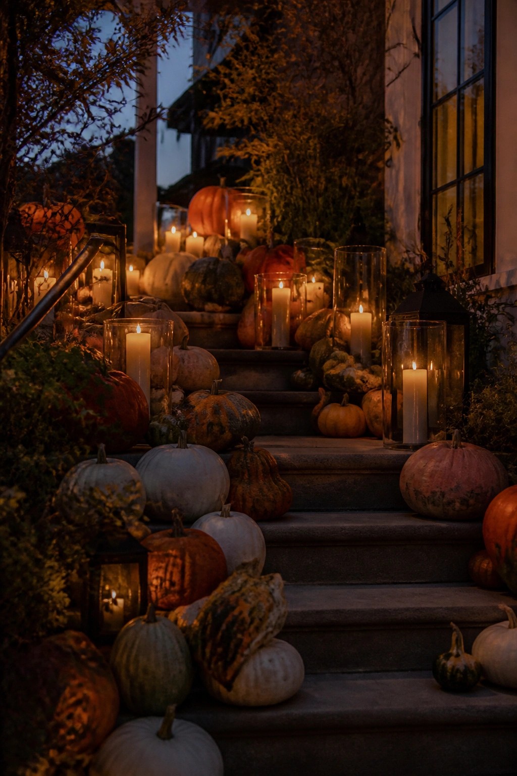 Staircase lined with assorted pumpkins and glowing candles in glass lanterns at dusk.