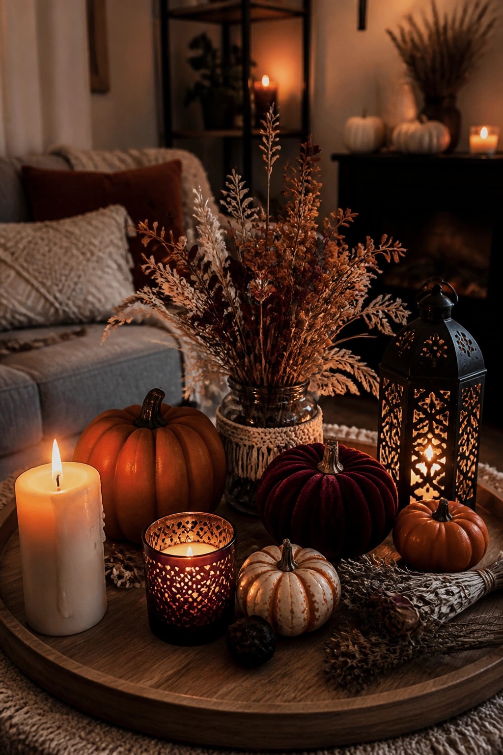 A round wooden tray displays several whole pumpkins in orange, velvet maroon, and striped white, with candles and a black lantern nearby on a living room surface.