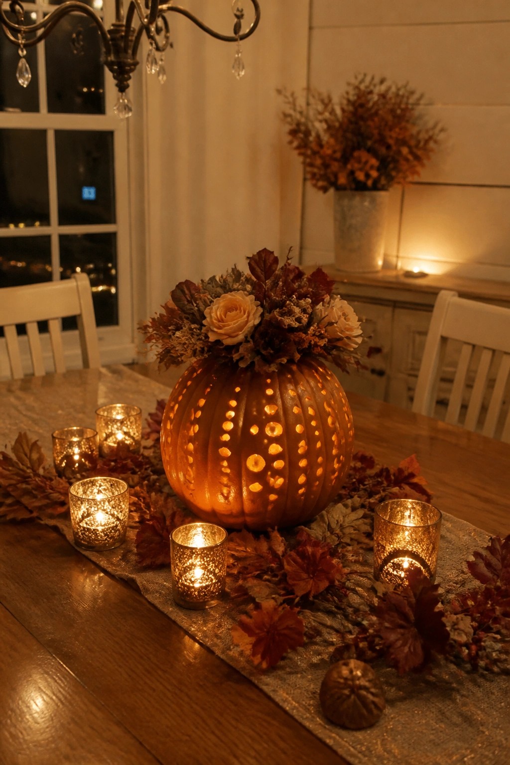 A wooden dining table with a large orange pumpkin featuring many small glowing circular holes, topped with flowers, and surrounded by lit votive candles and autumn leaves.