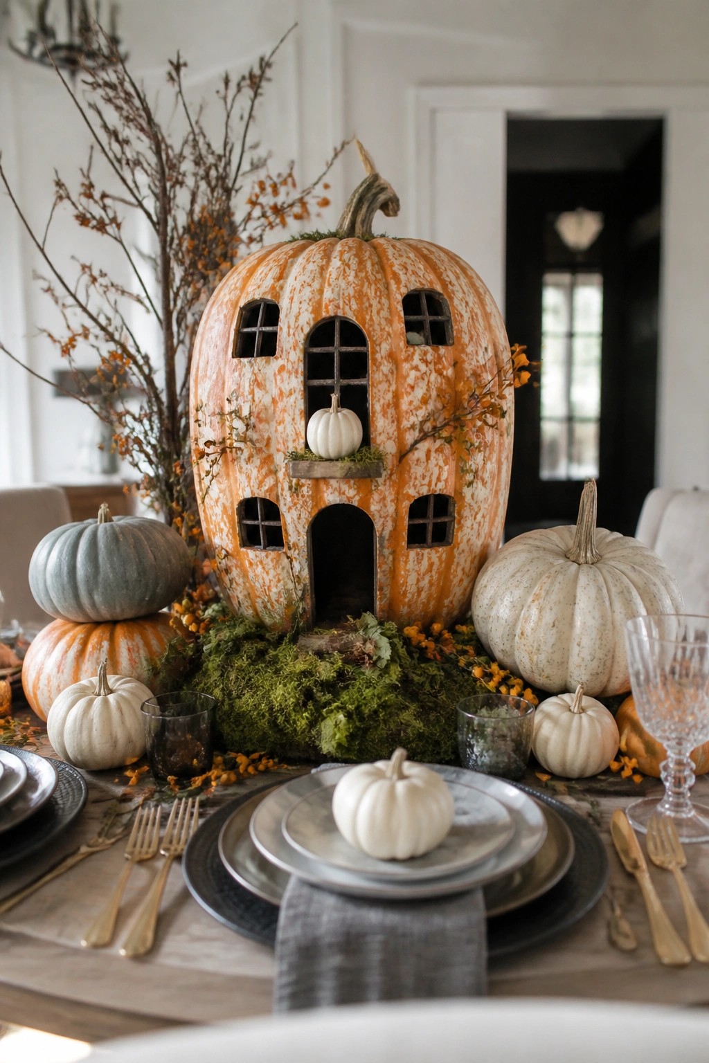 Large orange pumpkin decorated as a haunted house with cutout windows and door, used as a dining table centerpiece with moss and smaller pumpkins.