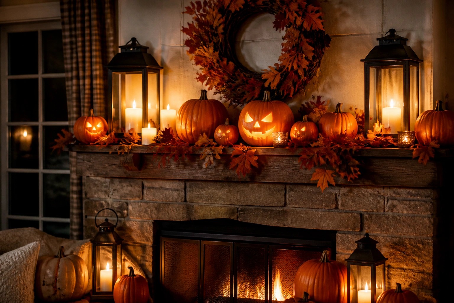 Cozy stone fireplace mantel with pumpkins, lit candles, and autumn wreath.