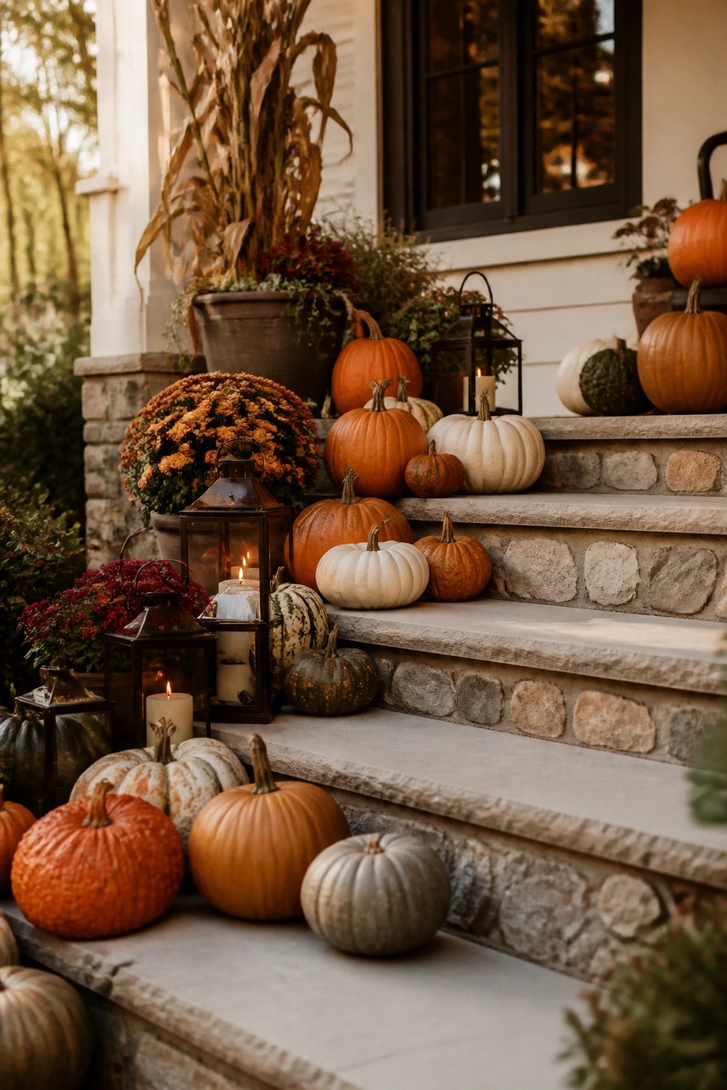 Assorted pumpkins, glowing lanterns, and chrysanthemums decorate stone steps on a fall porch.