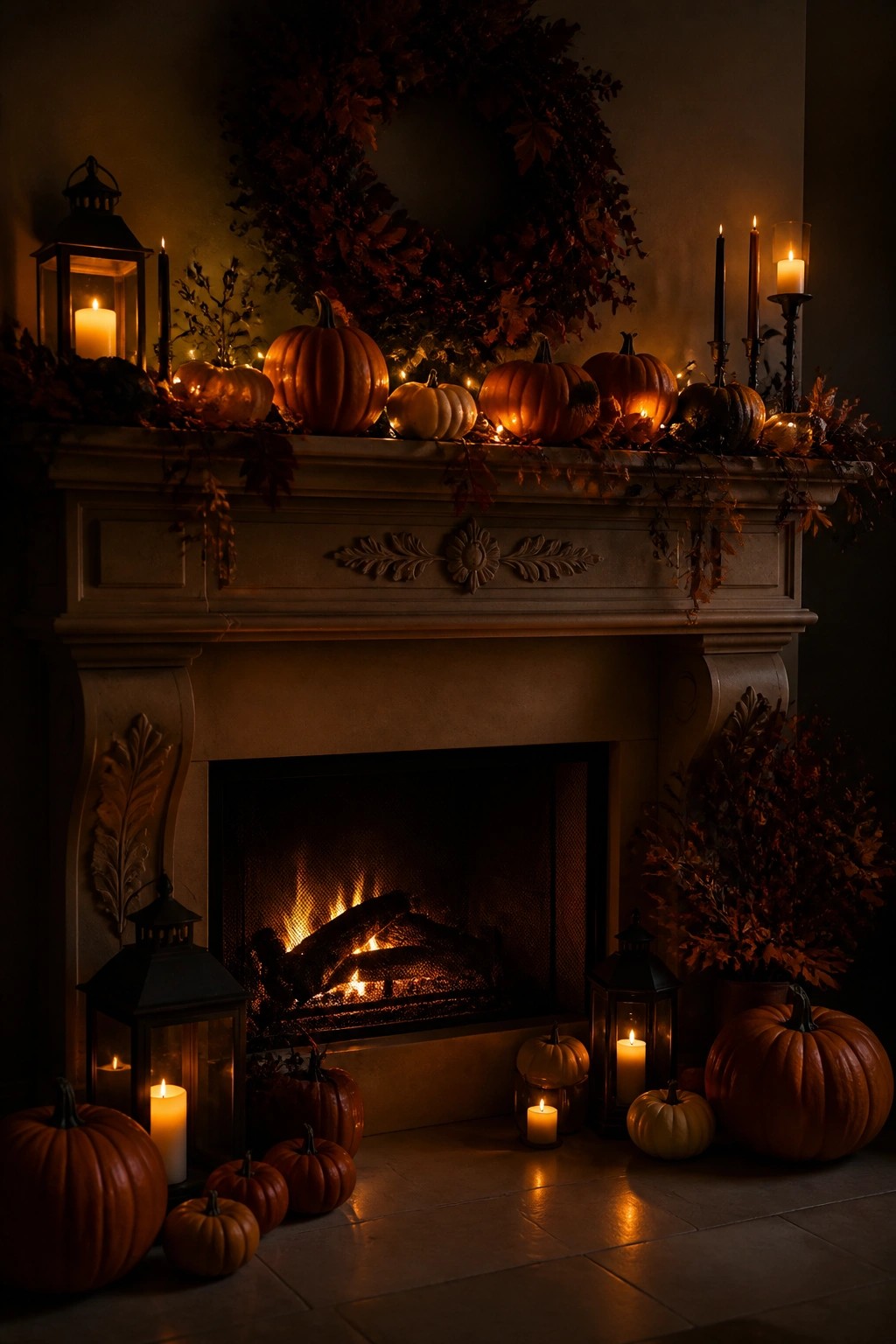 Fireplace mantel lined with whole pumpkins of different sizes, some lit from within, along with candles, lanterns, and dried leaves.