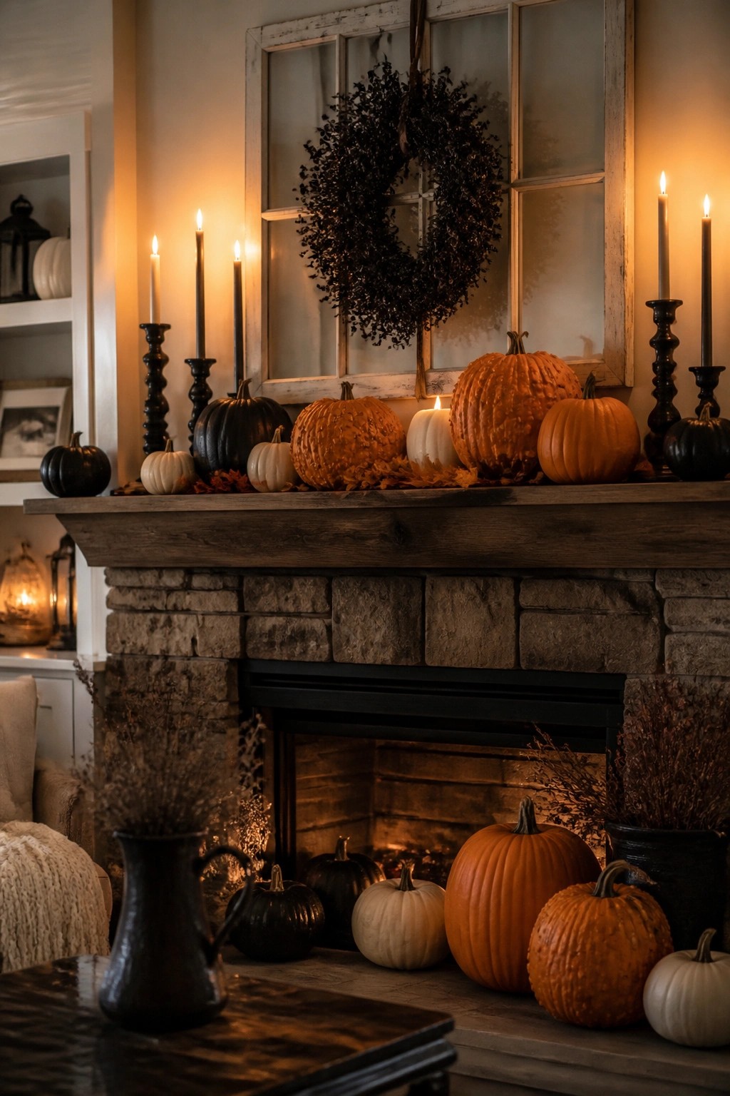 Cozy stone fireplace mantel with pumpkins, lit candles, and autumn wreath.