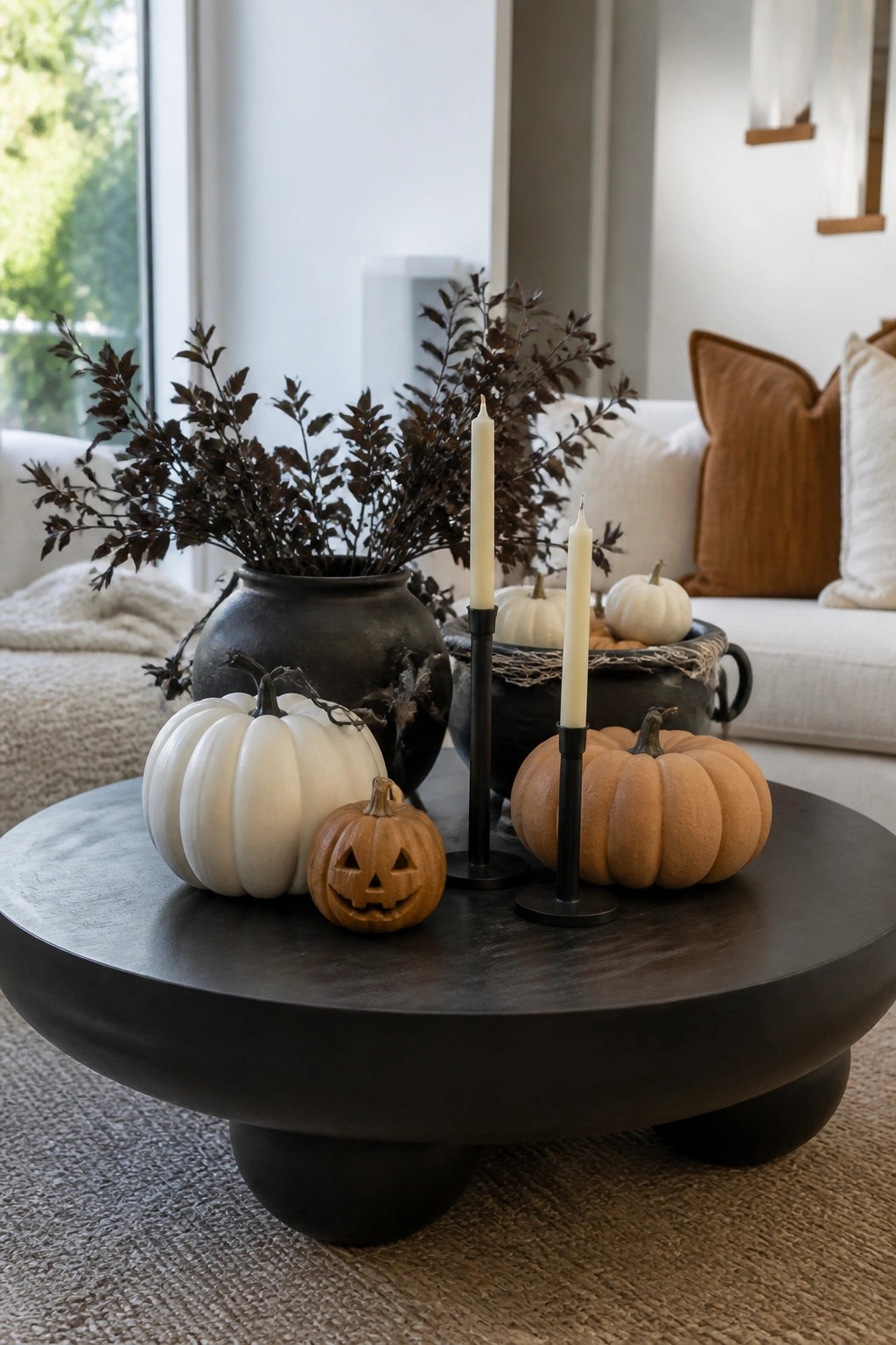 Living room coffee table styled with white and orange pumpkins, a small carved jack-o'-lantern, black candle holders, and dark branches in black vases.