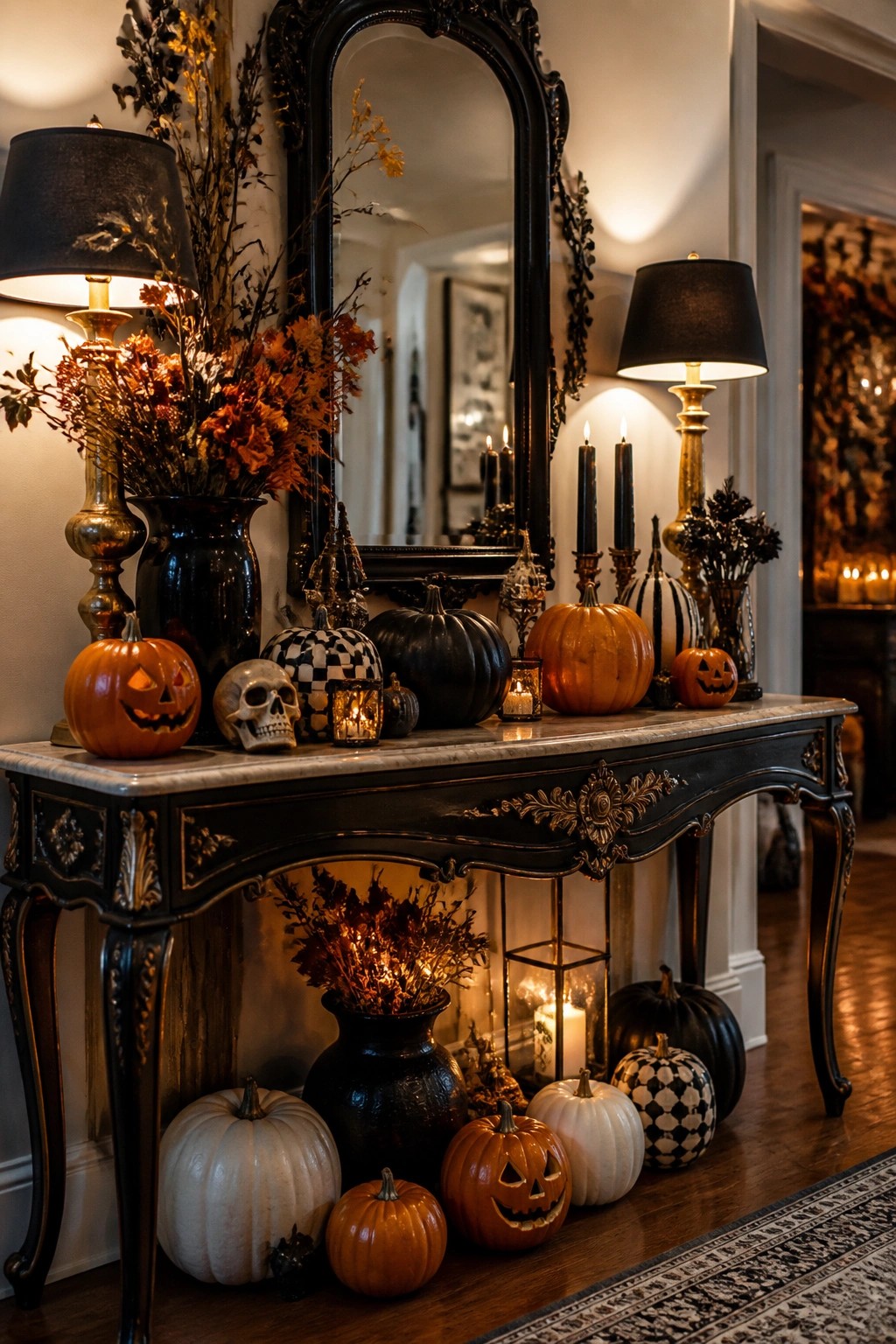 Entryway console table styled with various pumpkins, a skull, black candles, and dried flowers under a large mirror.