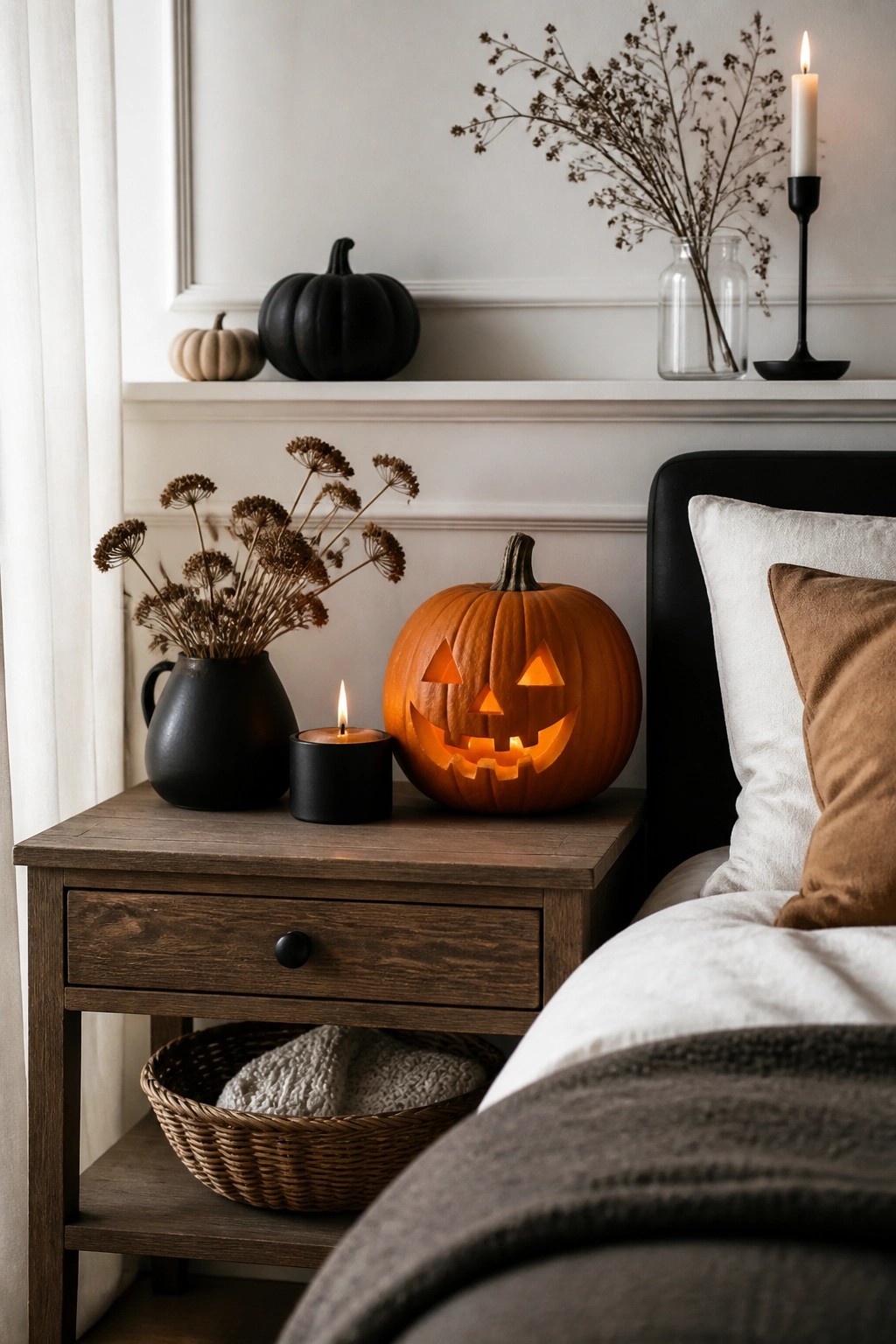 A glowing carved jack-o'-lantern sits on a wooden nightstand beside a bed with white and brown pillows.
