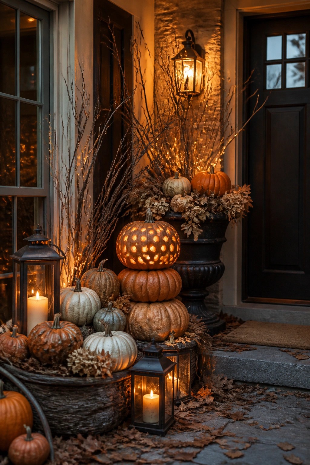 Stacked pumpkins with dotted light patterns sit on stone steps beside black lanterns and branches near a dark front door.