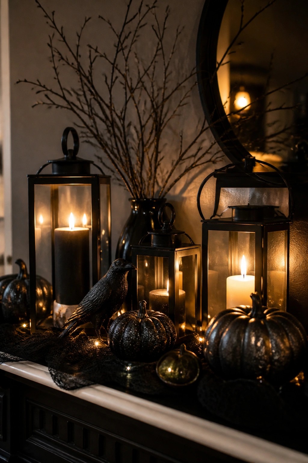 Mantel styled with multiple black lanterns holding lit candles, a black crow figurine, glittery black pumpkins, and bare branches in a vase.