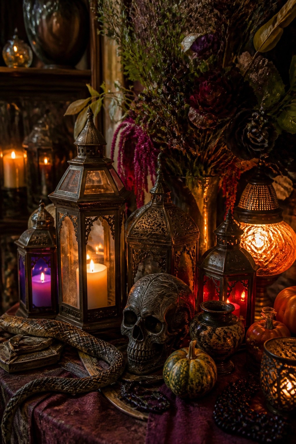 A tabletop display of multiple dark ornate metal lanterns with lit candles, a decorative skull, a snake figure, and small pumpkins arranged on purple fabric.