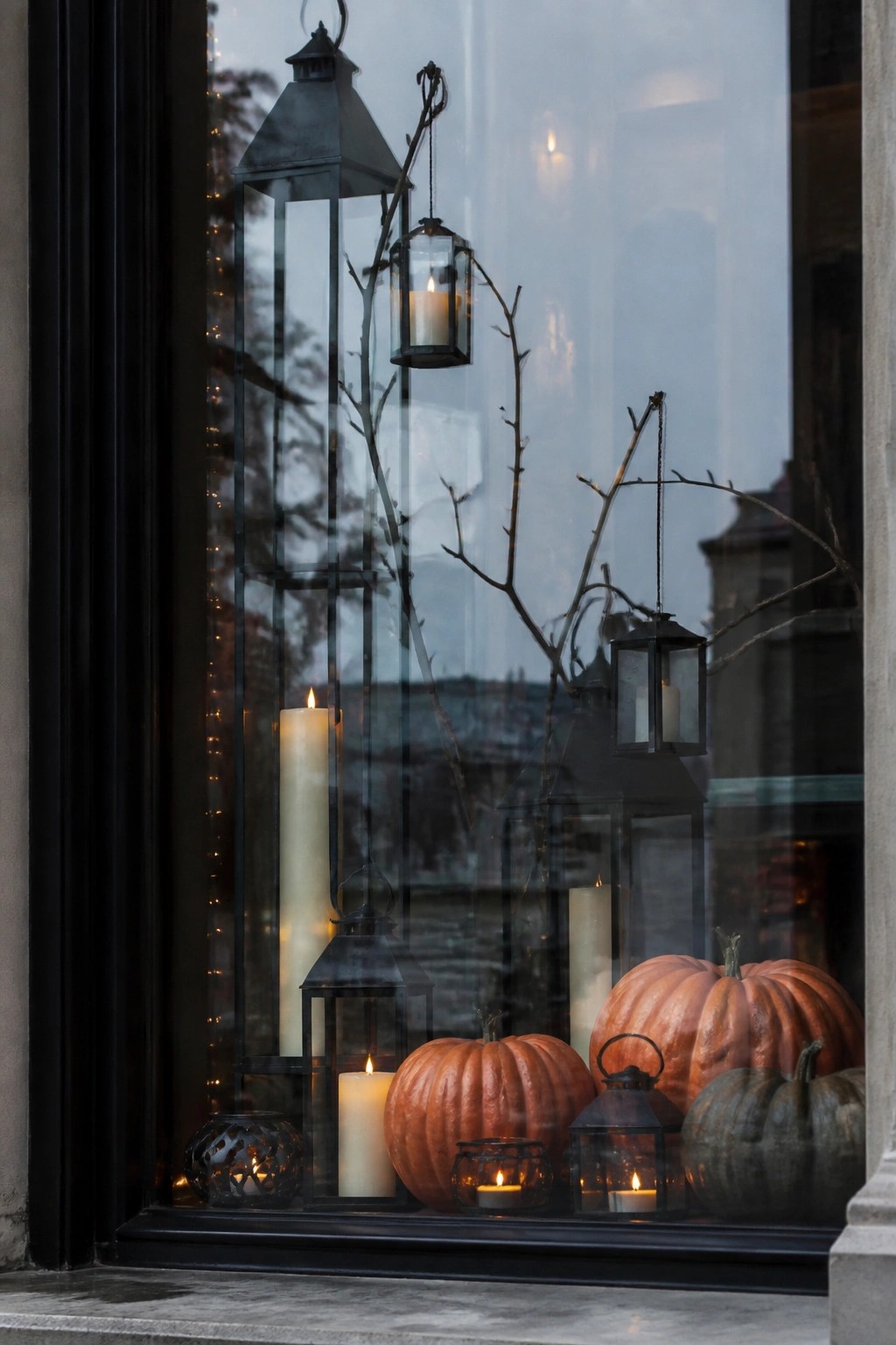 A windowsill display with multiple black lanterns of different sizes, lit candles inside them, bare branches, and several orange pumpkins.