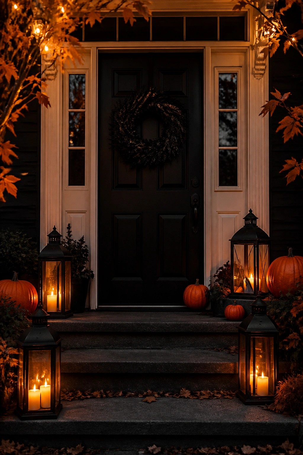 Front porch steps lined with black metal lanterns holding lit candles, next to a dark door with a wreath and scattered pumpkins.