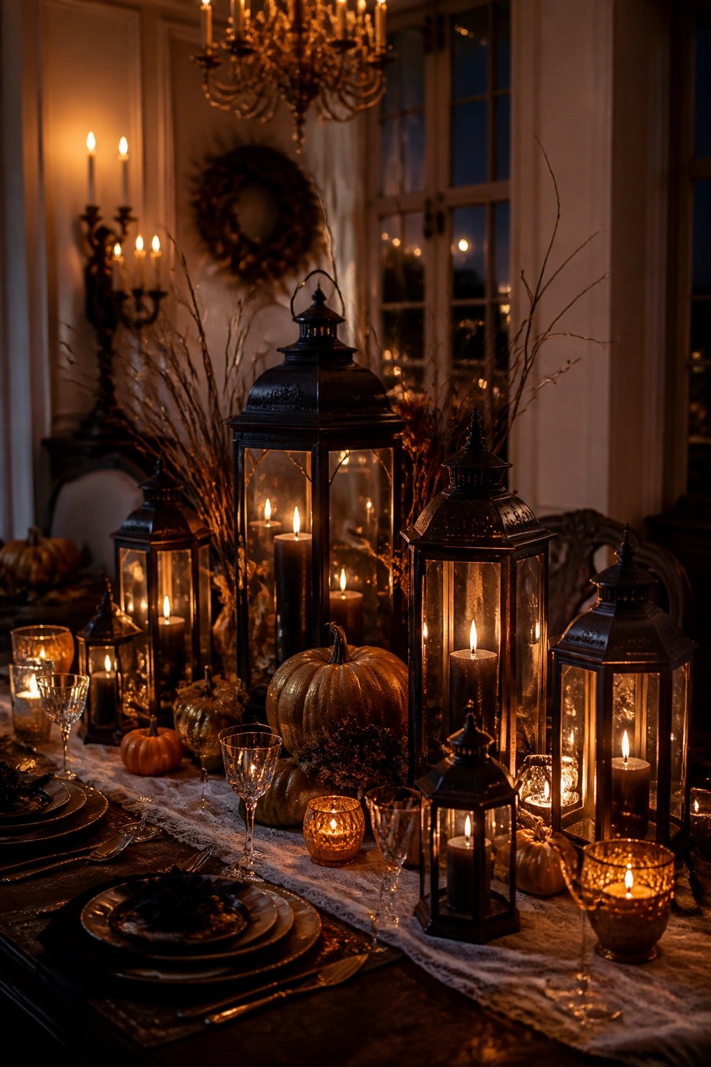 Dining table set with black lanterns of varying sizes holding lit candles, small pumpkins, and dark place settings along a lace runner.