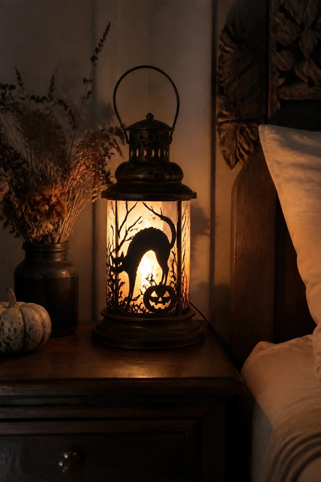 Glowing lantern with black cat and pumpkin silhouette on wooden nightstand with dried flowers.