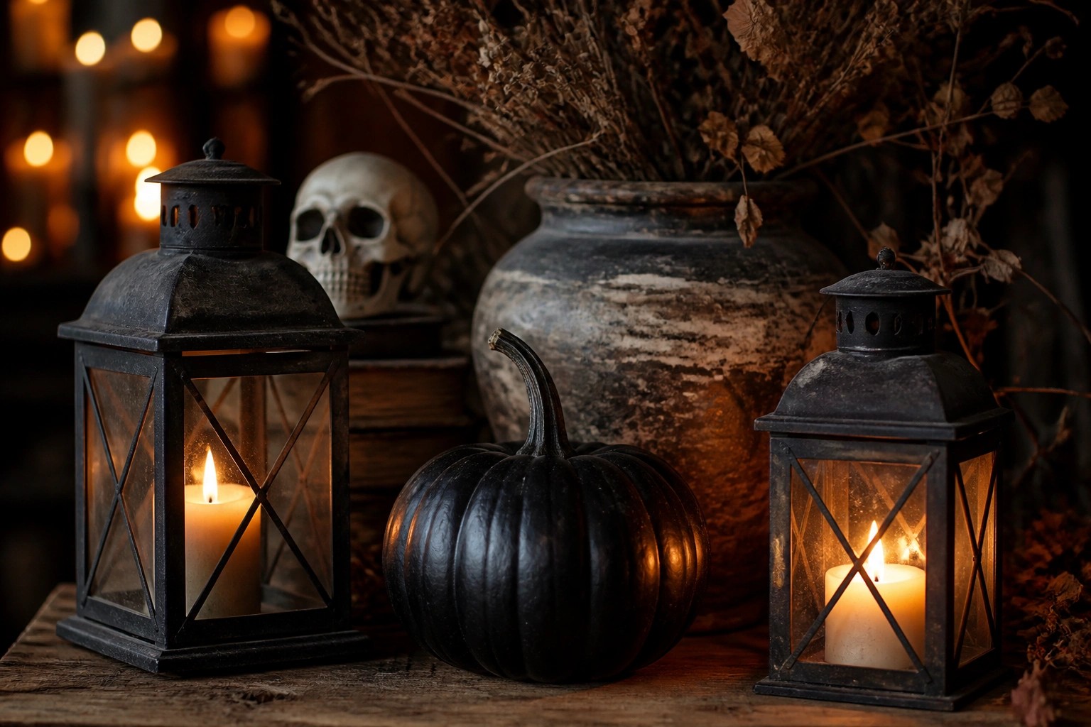 A black lantern with a glowing candle is surrounded by black, white-striped, and small orange pumpkins on a dark wooden surface.