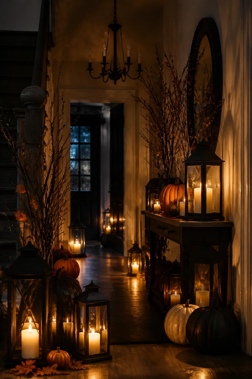 Entryway with a dark console table holding several black lanterns with lit candles, plus pumpkins and branches along the wall.