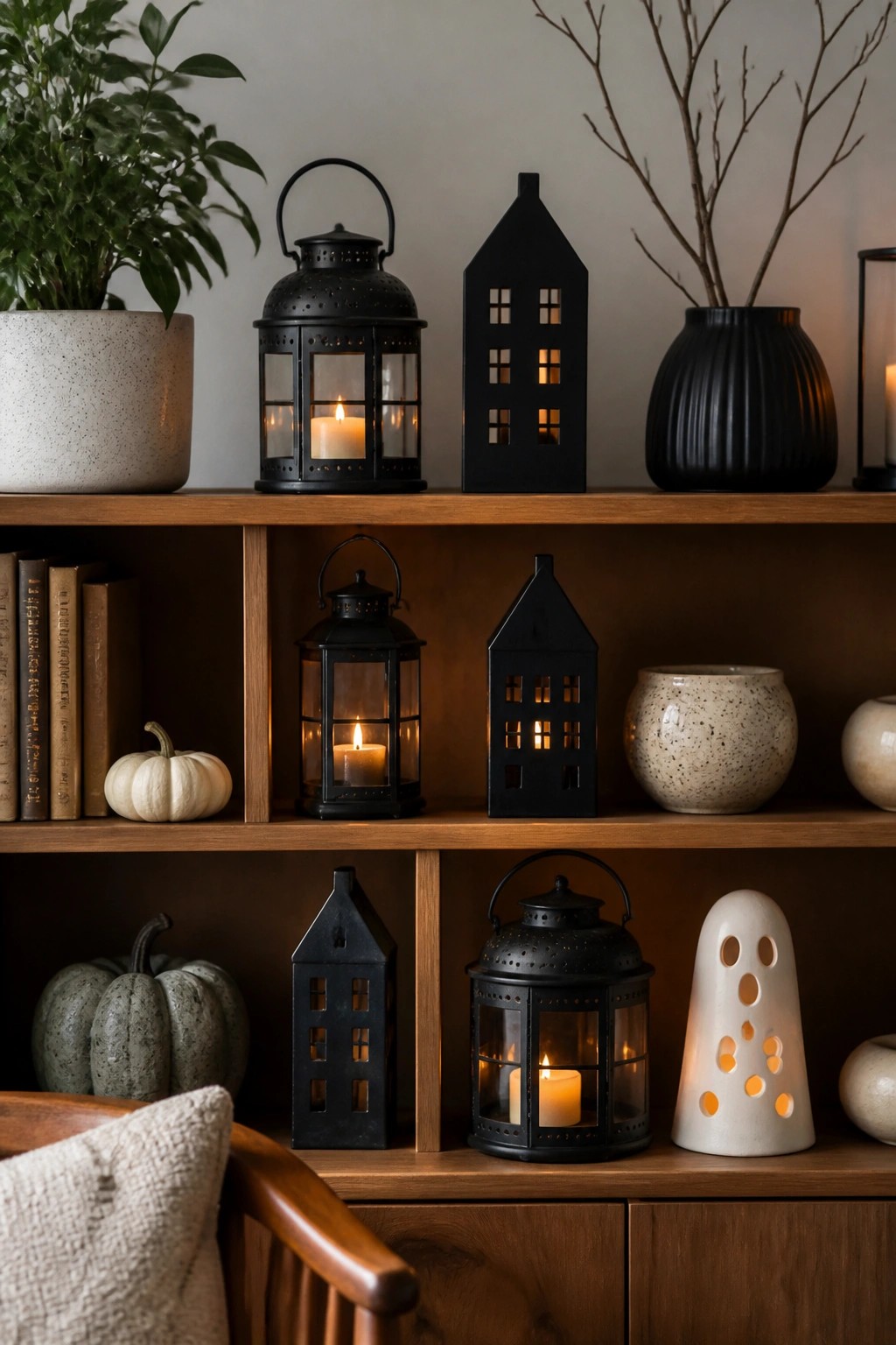 Wooden shelves with glowing black lanterns, house cutouts, pumpkins, and ceramic vases.