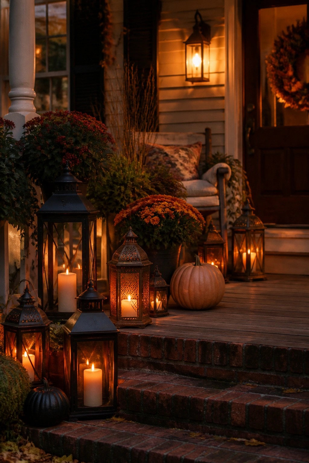 Front porch with multiple black metal lanterns holding lit candles arranged on wooden steps beside a pumpkin and autumn plants.
