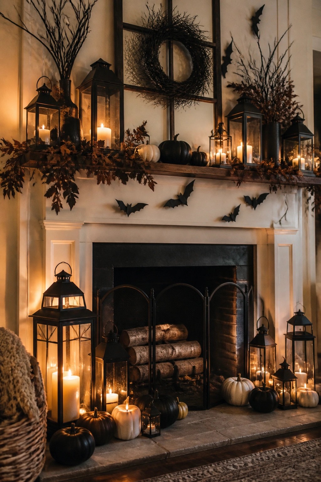 White fireplace mantel decorated with black metal lanterns, lit candles, black bats, pumpkins, and dark branches.