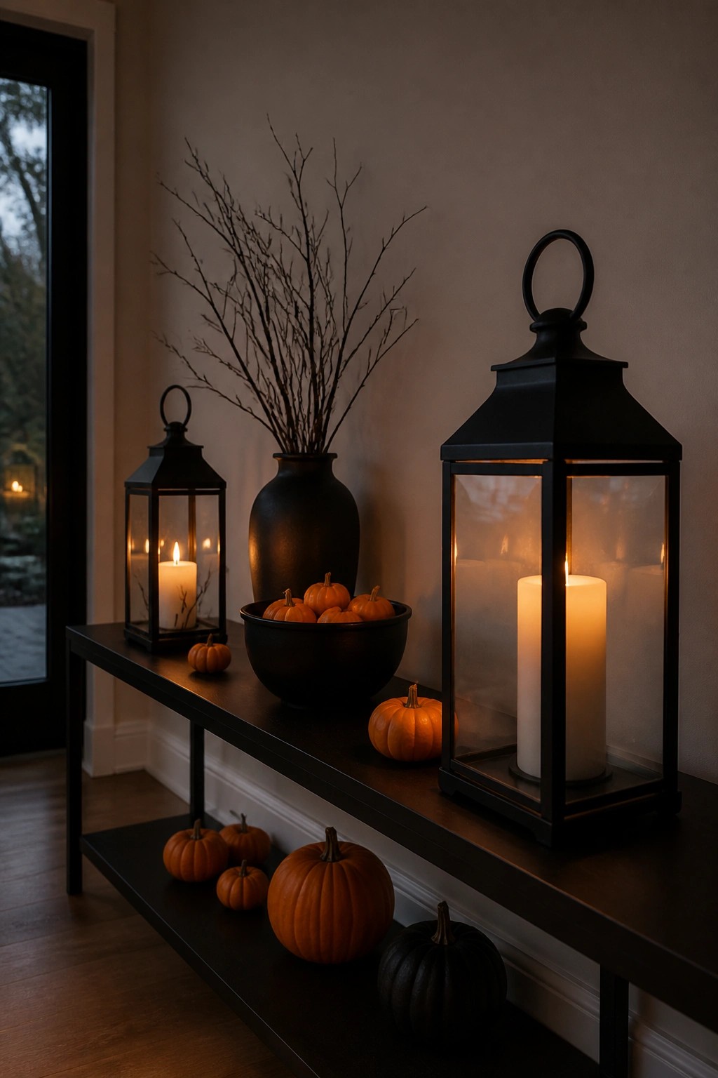 Black console table in an entryway holding two lit black lanterns, a bowl of small orange pumpkins, and a dark vase with bare branches.