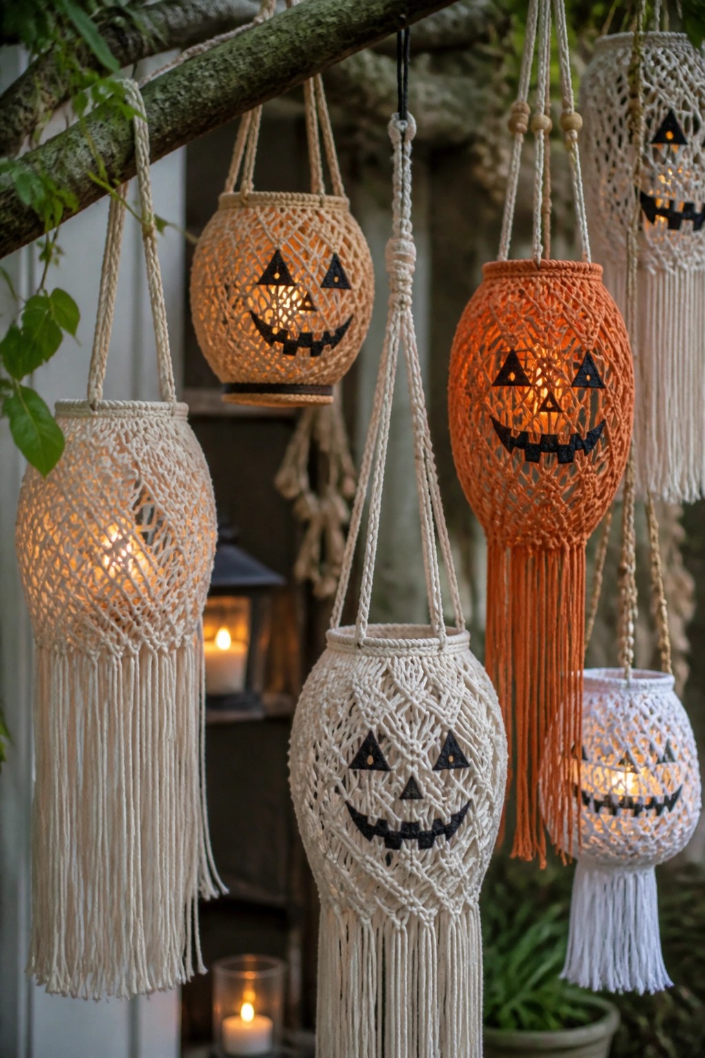 Glowing macrame jack-o'-lantern lanterns hanging from a tree branch outdoors