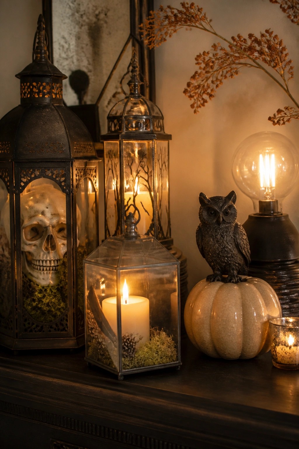 Three dark metal lanterns and one small glass lantern sit on a wooden surface, with a skull visible inside the largest lantern and lit candles inside each.