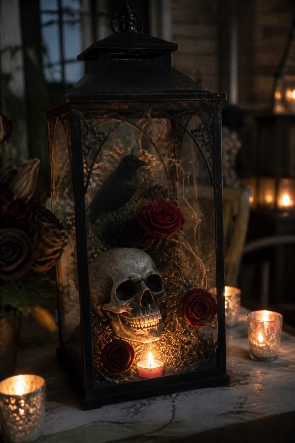 Black lantern with skull, raven, red roses, and glowing candle inside.