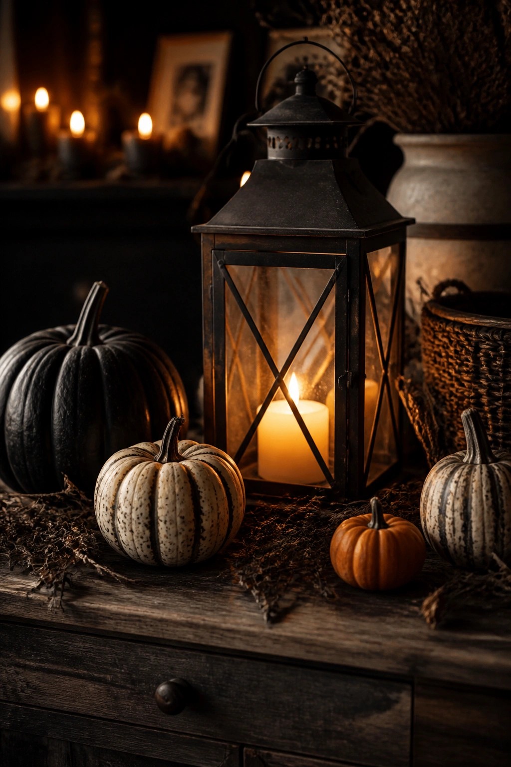 A black lantern with a glowing candle is surrounded by black, white-striped, and small orange pumpkins on a dark wooden surface.