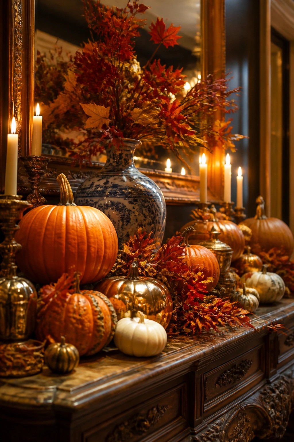 Dark wood console table in an entryway holding a mix of orange, gold, and white pumpkins with lit candles and red autumn leaves in a blue and white vase.