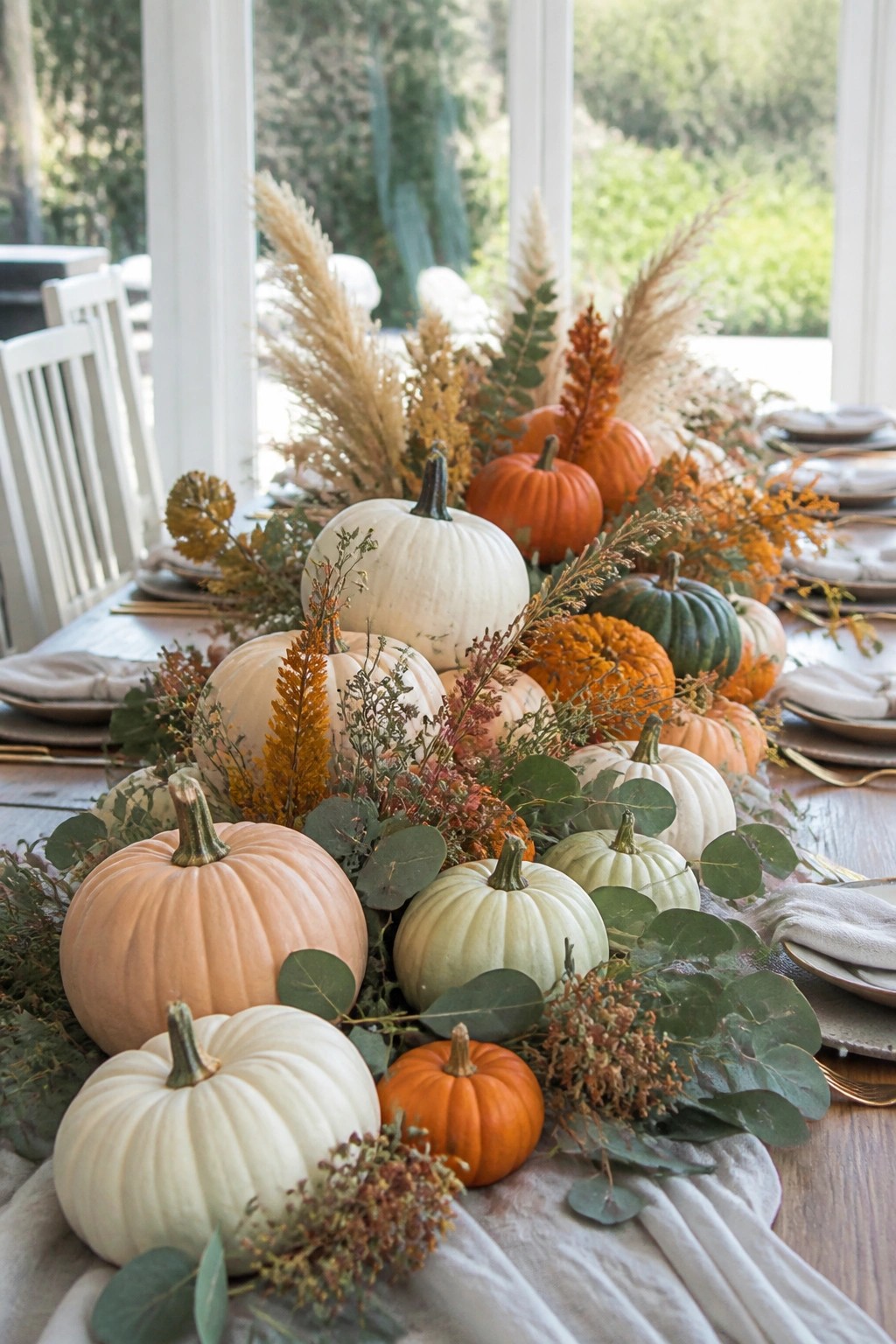 Long wooden dining table with a centerpiece made of white, peach, orange, and green pumpkins arranged in a row with eucalyptus and dried foliage.