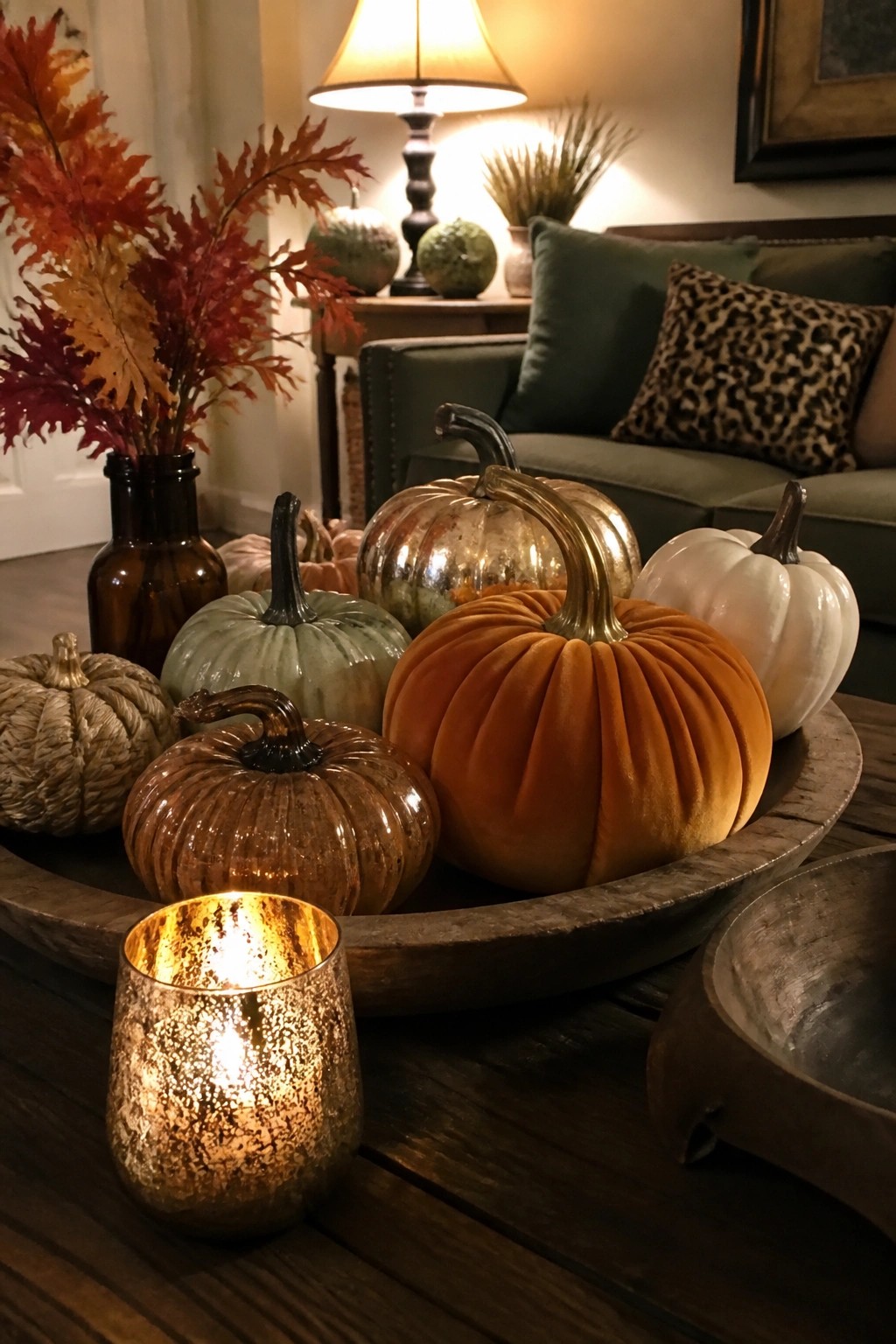 A wooden tray filled with orange velvet, metallic, white, and green pumpkins sits on a dark coffee table with a lit mercury glass candle in front.