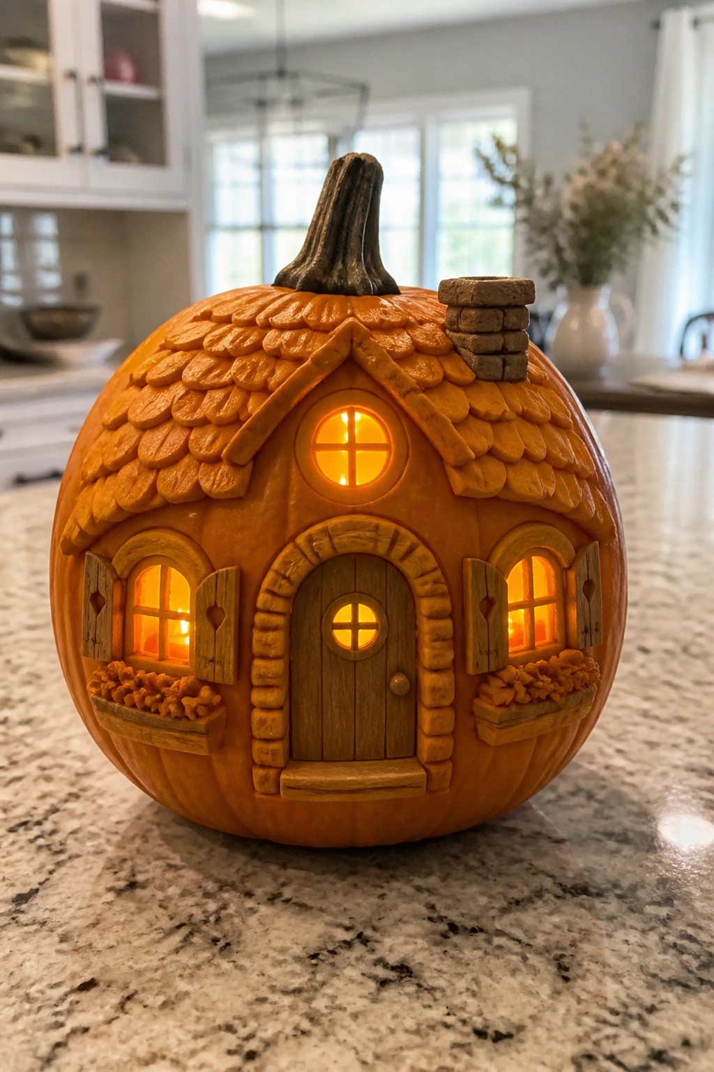Carved glowing pumpkin cottage with door, windows, and chimney on kitchen counter