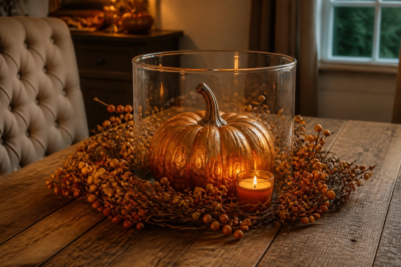 A hollowed pumpkin filled with orange and cream roses, berries, and mixed greenery sits on a wooden table between two lit candles in glass holders.