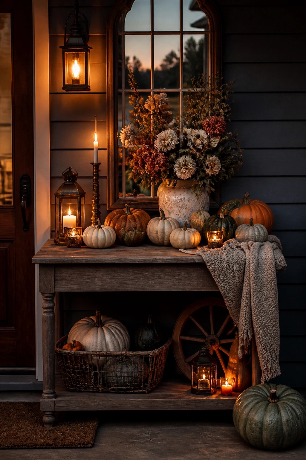 Rustic console table at a house entry filled with whole pumpkins of various sizes and colors, along with lit lanterns and a vase of flowers.