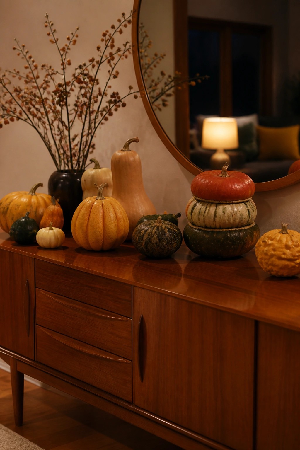 Wooden console table topped with assorted whole pumpkins and gourds in orange, green, and white tones, plus dried branches in a dark vase and a round mirror above.