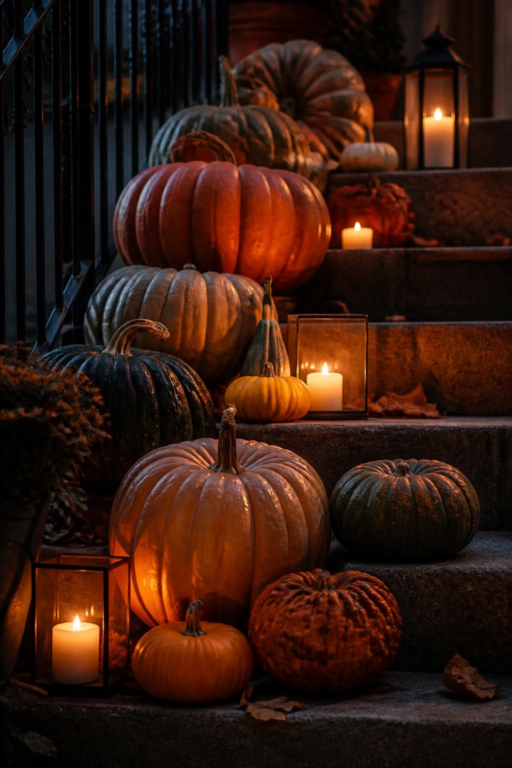 Pumpkins of various colors with glowing candles on dark stone steps at night