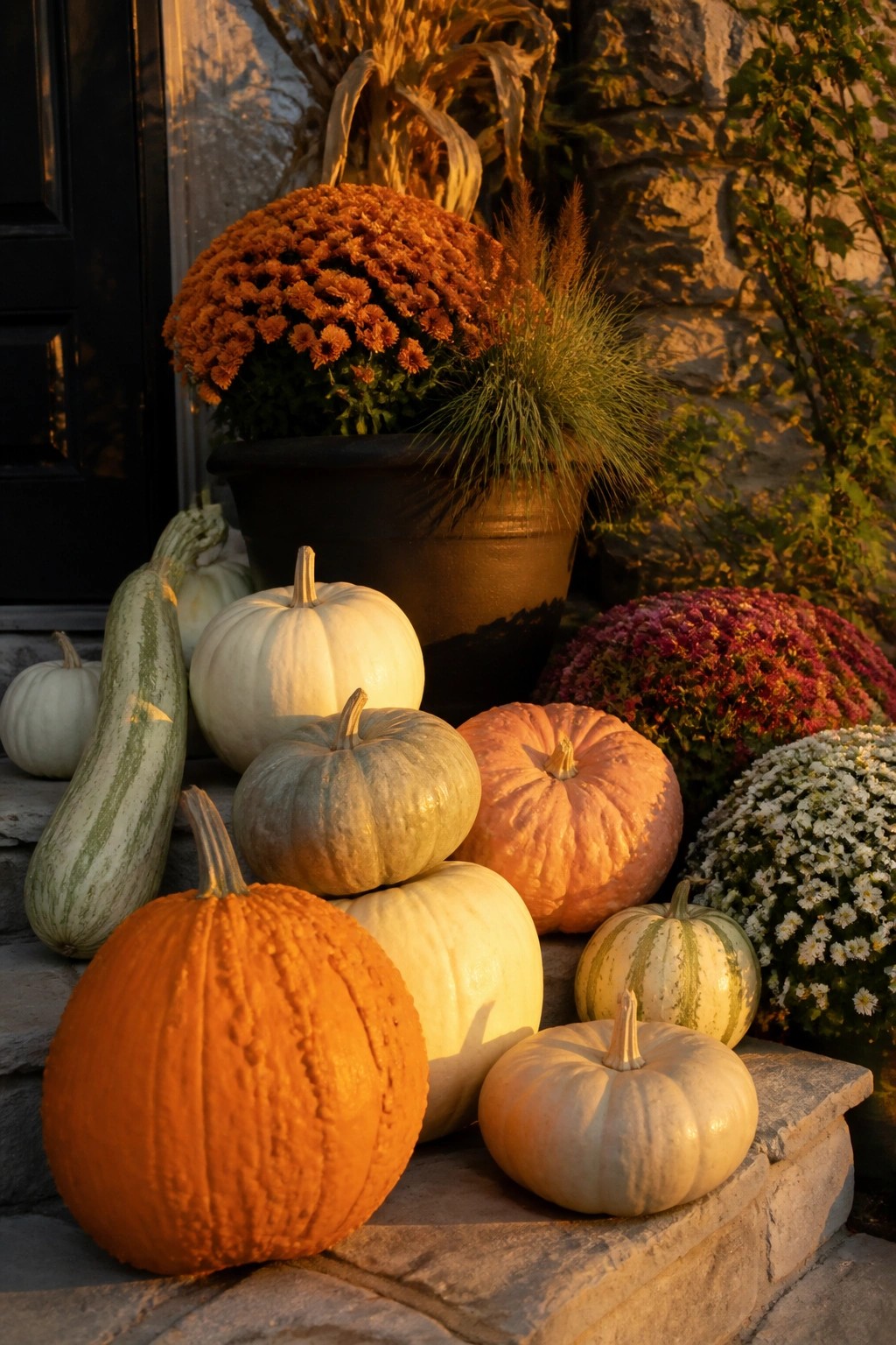 Front porch steps lined with stacked pumpkins in orange, white, and green striped varieties next to potted mums and dried corn stalks.