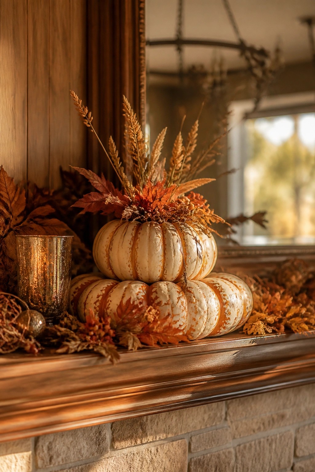 Stacked white pumpkins with autumn leaves and dried grasses on wooden mantel.