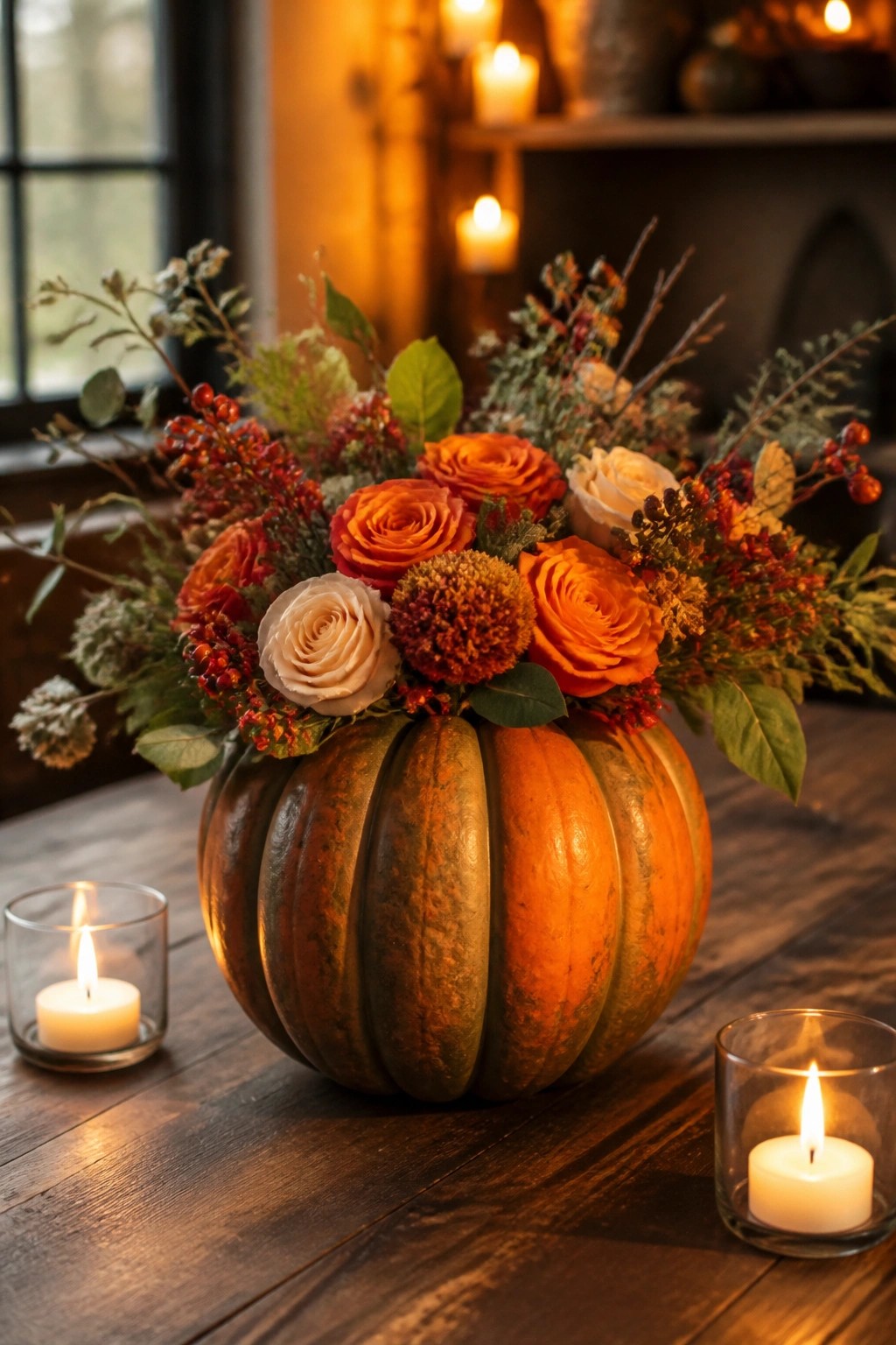A hollowed pumpkin filled with orange and cream roses, berries, and mixed greenery sits on a wooden table between two lit candles in glass holders.