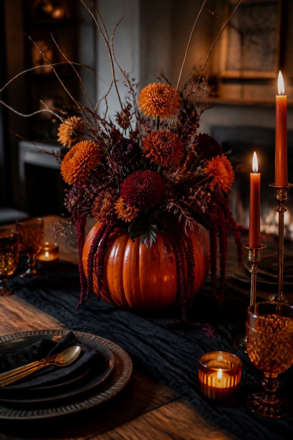 A hollowed orange pumpkin filled with orange and burgundy chrysanthemums sits as the centerpiece on a dark wooden dining table with black plates and amber glassware.
