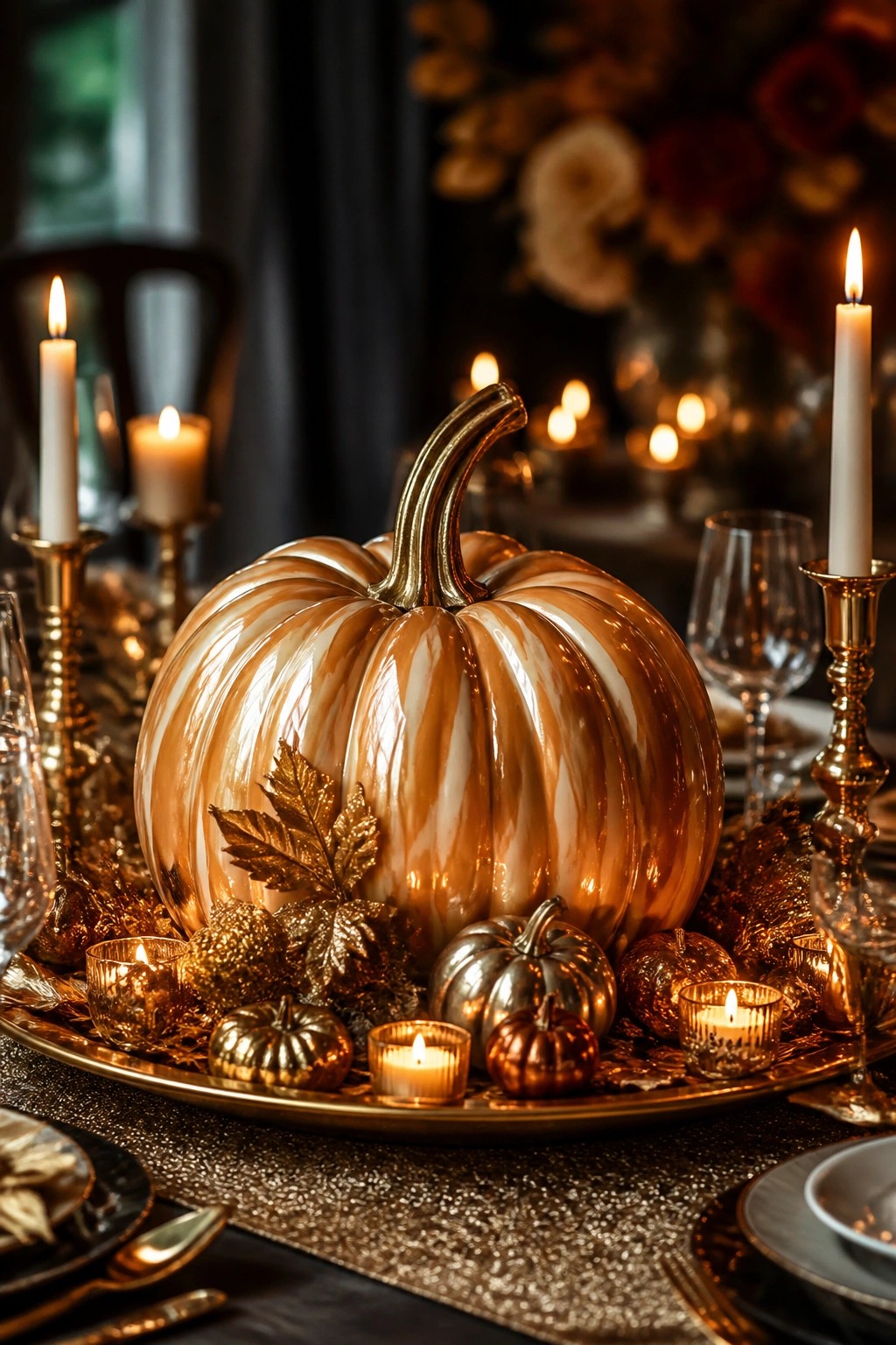 Dining table with a large swirled metallic pumpkin centerpiece on a gold tray, surrounded by smaller metallic pumpkins and lit candles.